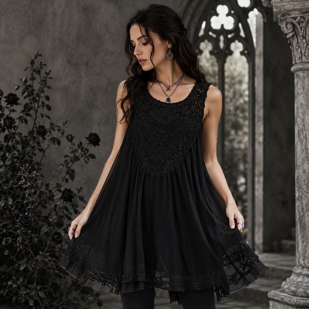 Crochet Lace Babydoll Sheer Chiffon Mini Dress Sz S Concert Ethereal Whimsigoth‎